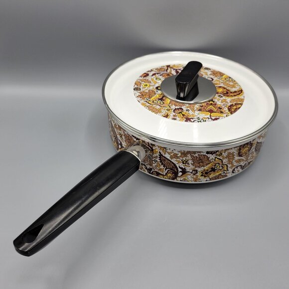 Vintage MCM Prestige Japy Marne Enamel Paisley Floral Sauce Pan w Lid France - Picture 2 of 16